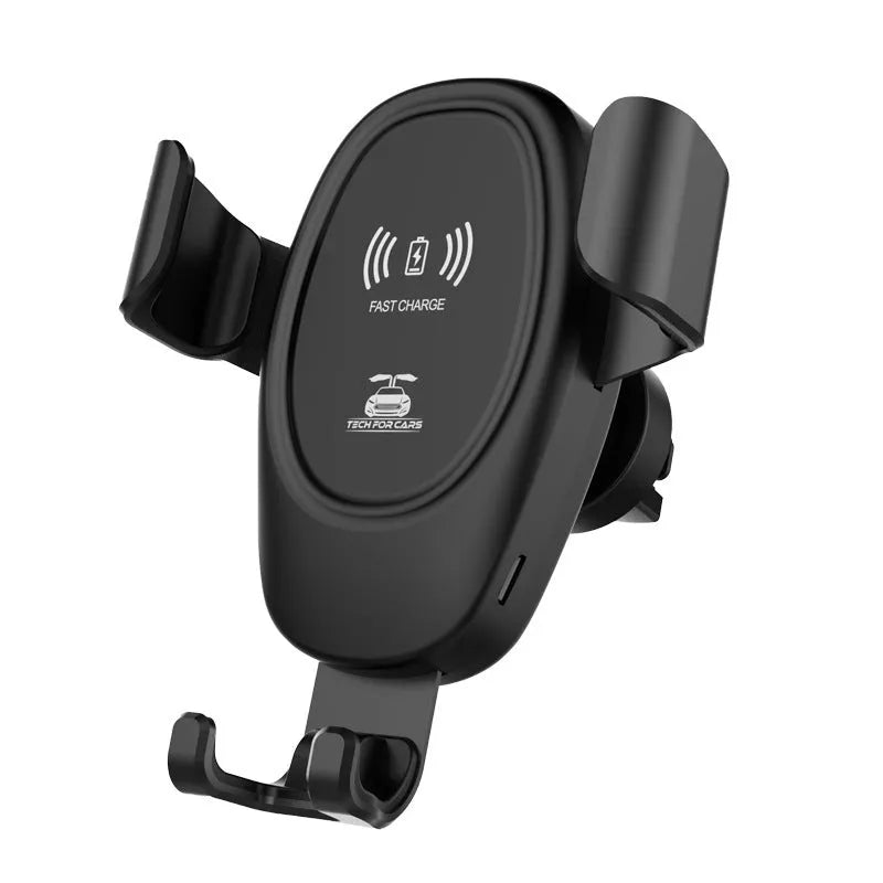 D12 Black 10W micro car wireless charger with air outlet clip, Type-C socket and ABS body, 9.8cm x 4.6cm x 11cm