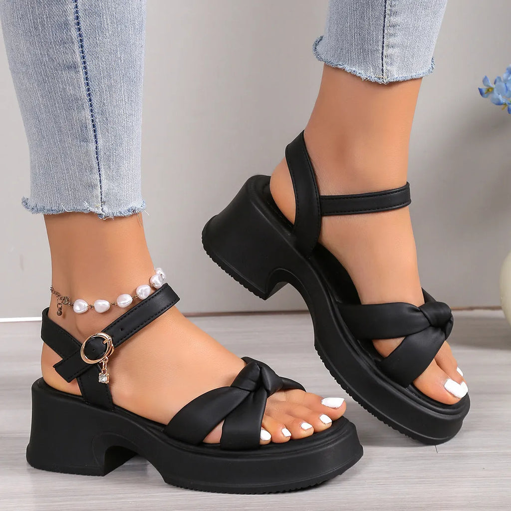 Women's black thick heel slippers with round toe and button closure