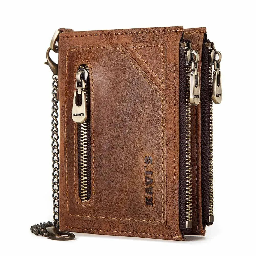 Men's brown genuine leather anti-theft RFID wallet with chain detailing