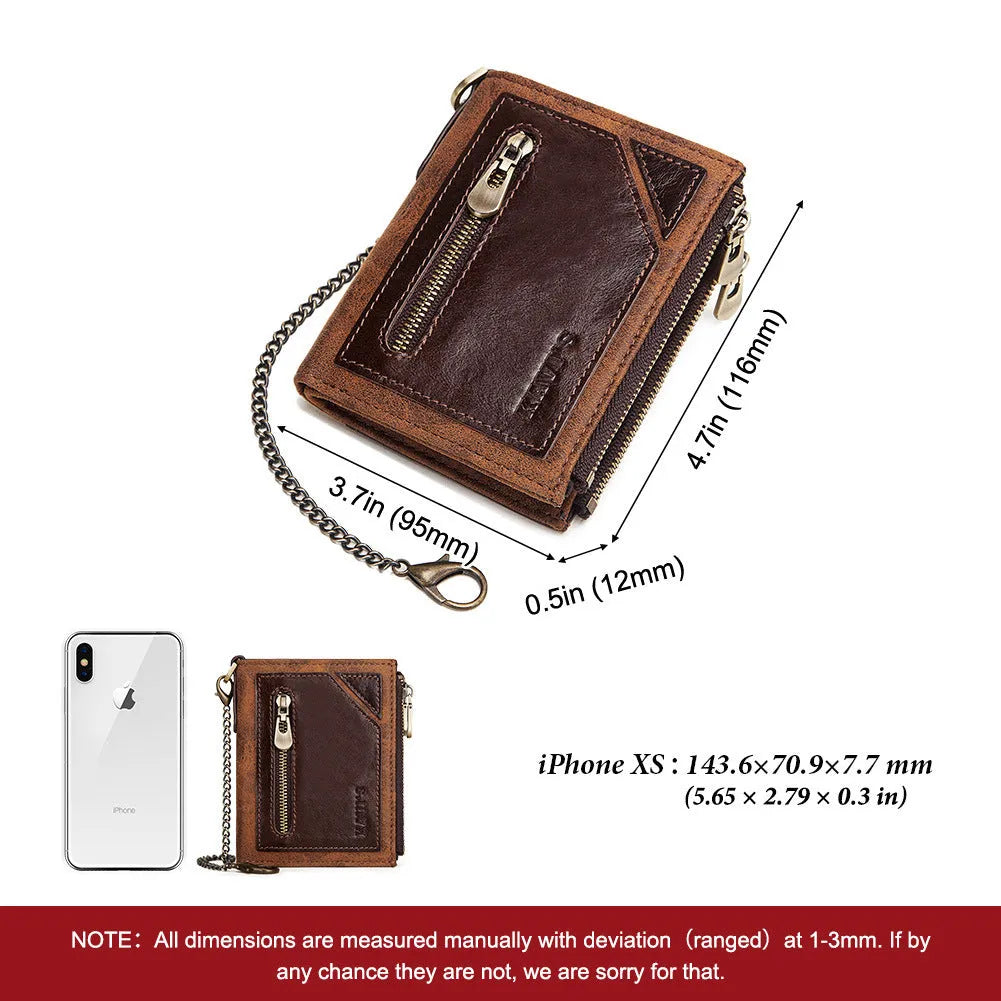 Men's brown genuine leather anti-theft RFID wallet with chain detailing