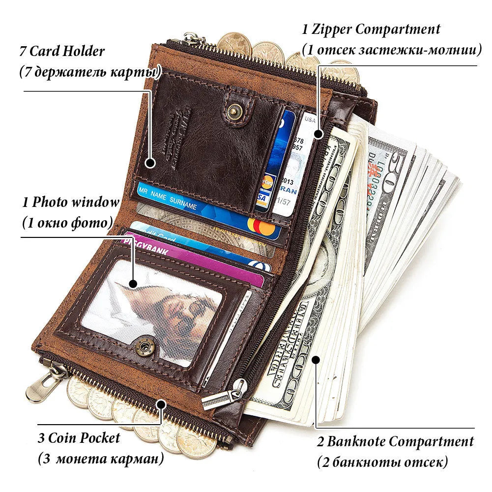 Men's brown genuine leather anti-theft RFID wallet with chain detailing