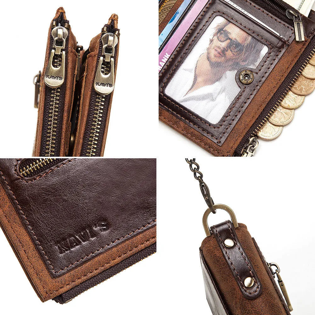 Men's brown genuine leather anti-theft RFID wallet with chain detailing