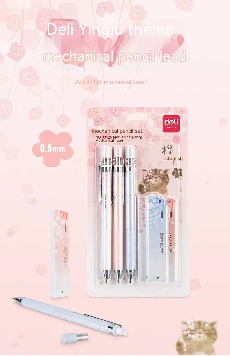 Three cartoon design 0.5mm automatic pencils with HB lead refills in mixed colours