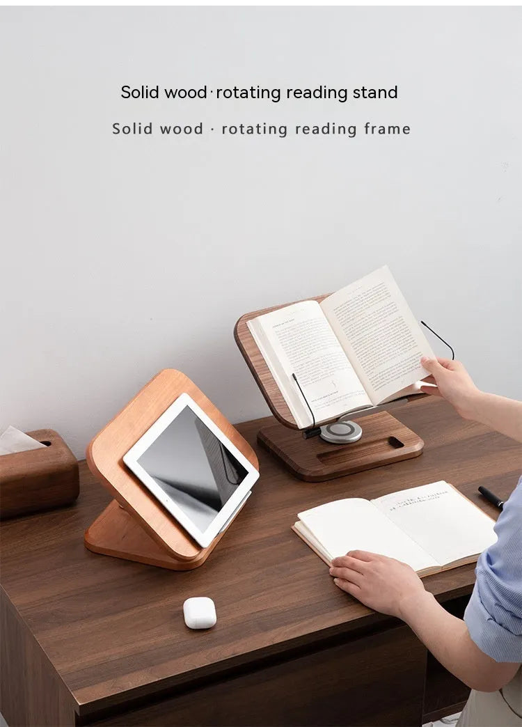 Black walnut solid wood adjustable rotating reading rack holding a book