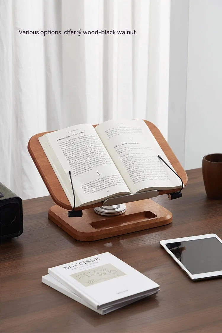 Black walnut solid wood adjustable rotating reading rack holding a book