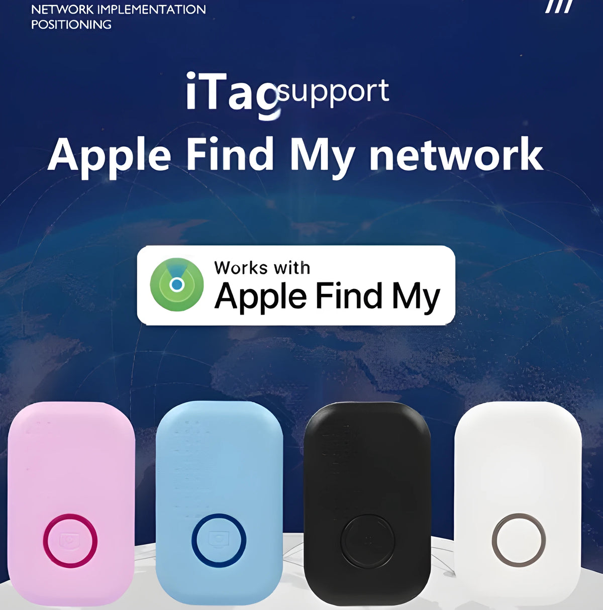 iTag Item Location Finder compact Bluetooth tracker in black, white, pink, or blue, 27x44x9mm, 9.6g, with 90dB alert and CR2032 battery