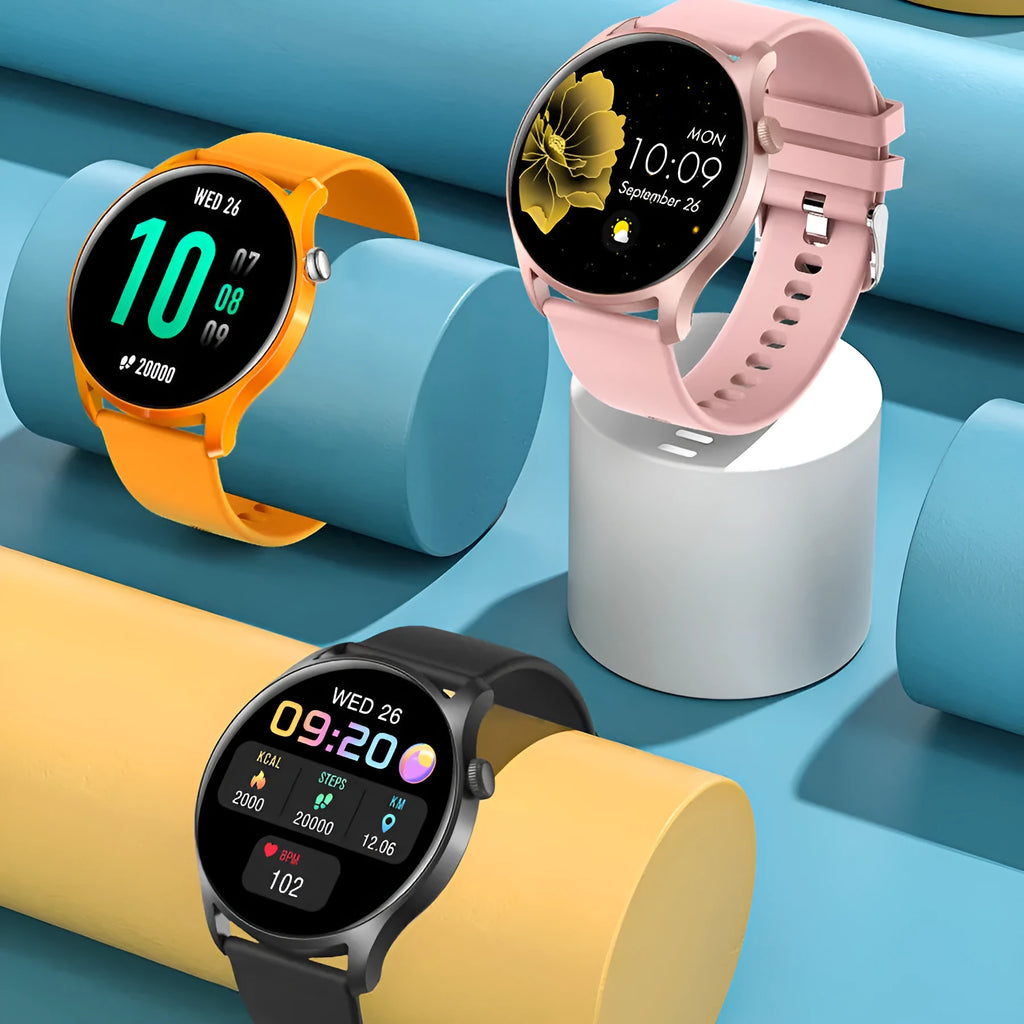 Smart watch with coloured silicone wristband displaying heart rate on its 1.3-inch screen.