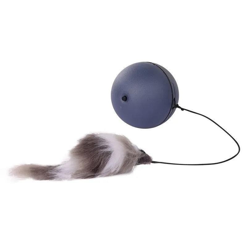Automatic cat teasing ball toy with attached grey plush mouse on a blue and orange plastic ball