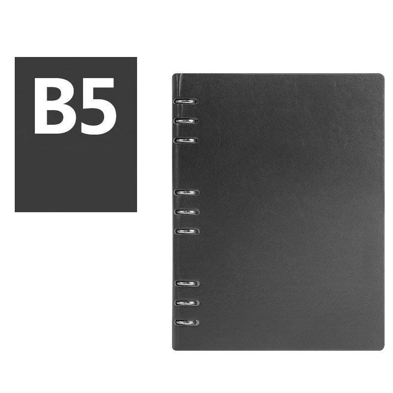 A5 loose-leaf business notebook with a black imitation leather cover, open to show beige paper.