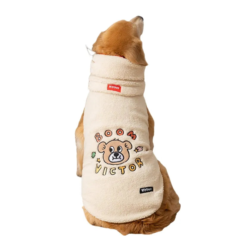 Beige Sherpa dog vest with bear pattern for large dogs on a grey background
