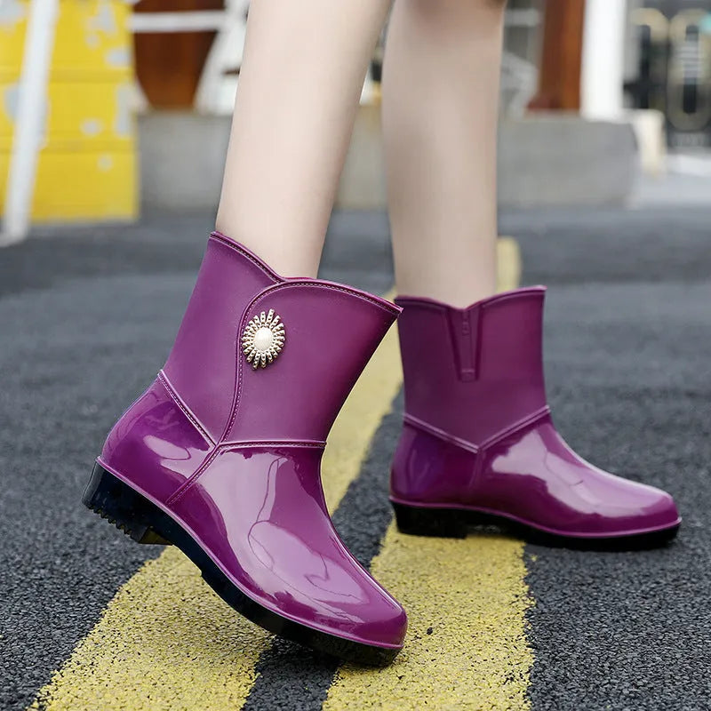Women's mid-calf rain boot in beige colour with a non-slip sole