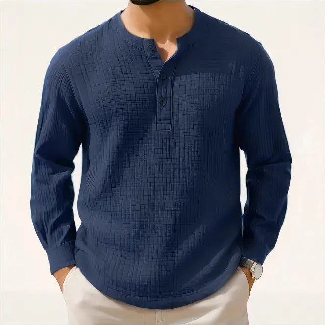 Cotton linen long sleeve t-shirt with round neck and 3/4 sleeves in solid colours