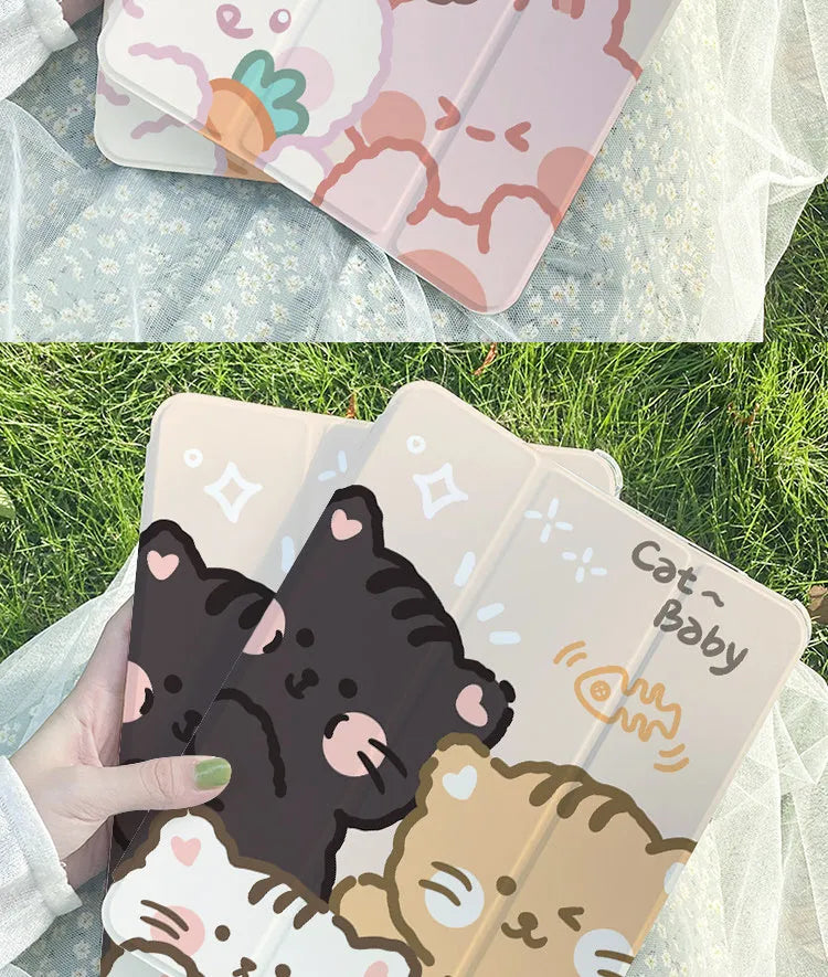 Rabbit cartoon design on a flat tri-fold silicone case for an iPad.