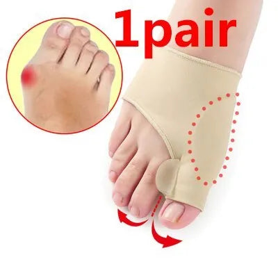Corrective toe socks with silicone gel toe separator for bunion pain relief in sizes S, M, and L.