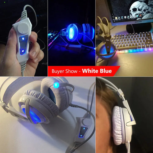Black and white 7.1 USB gaming headset with LED lights on ear cups and padded headband.