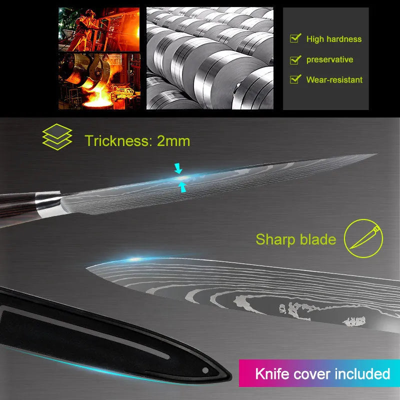 Kitchen chef knife with laser Damascus pattern on 5Cr15 steel blade and colour steel handle