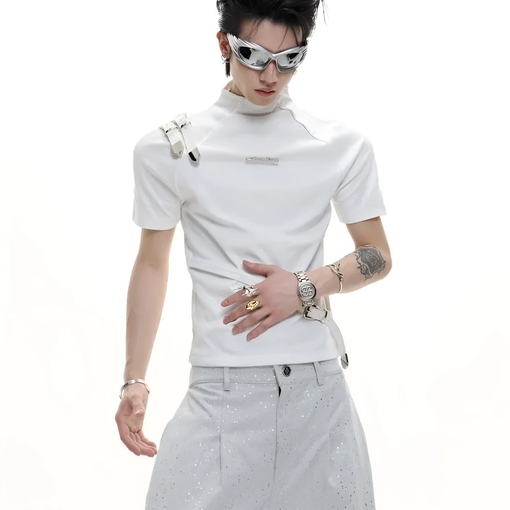 Men's black slim fit cotton T-shirt with stand-up collar and metal belt design detail