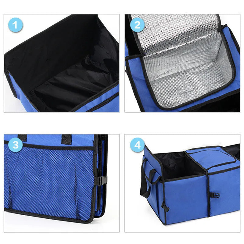 Foldable Oxford cloth car boot organiser in blue or red, unfolded size 57 x 31 x 39 cm.