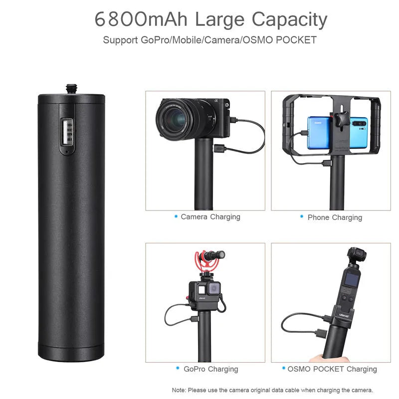 Black aluminium alloy portable charging handle power bank with 6800mAh capacity
