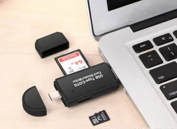 Black USB 3.0 memory card reader for SD and TF cards with USB-C connector