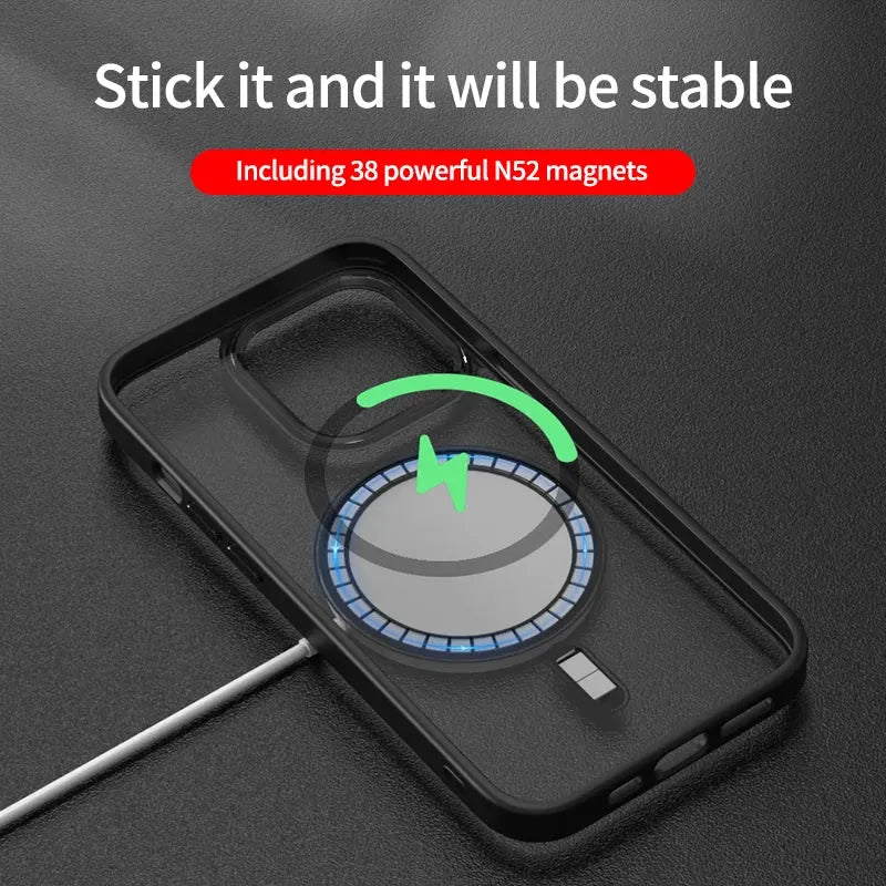 Magnetic iPhone case with acrylic cover and metal lens frame, black edge and red frame, for iPhone 11 to 15 Pro Max