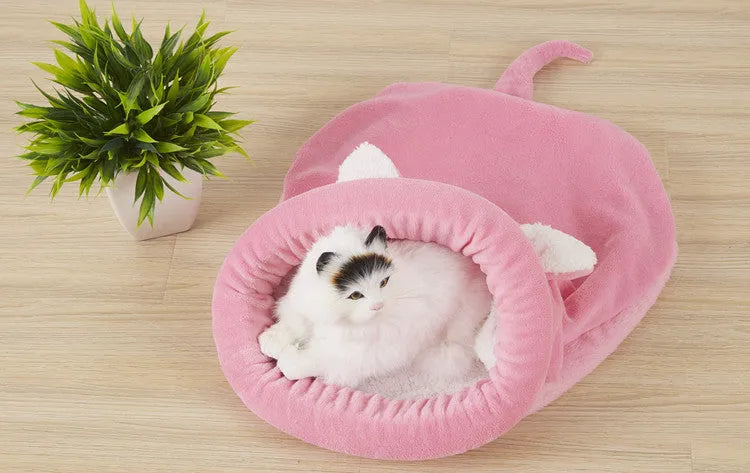 Cloth cat and dog sleeping bag nest mat with big ears and small tail, coffee pink or grey, 50x40cm or 65x55cm