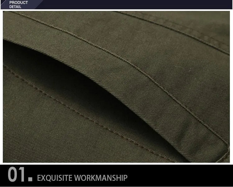 Men's winter bomber jacket in khaki, green or black, 100% cotton outer, polyester lining, long sleeve, badge detail, sizes M to 6XL.