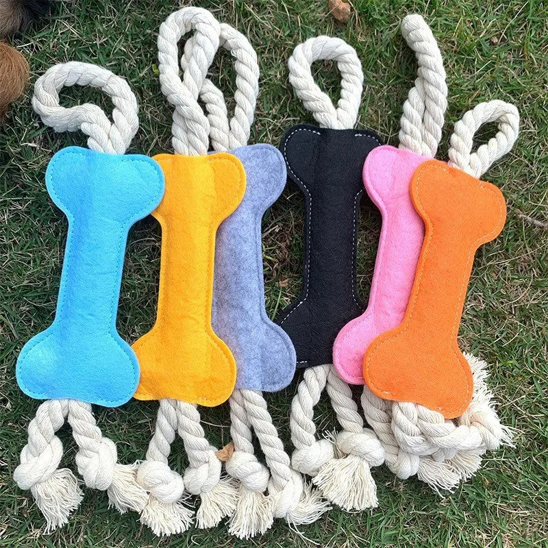 Bone shaped dog toy with rope knot construction in four colour options for bite resistant training