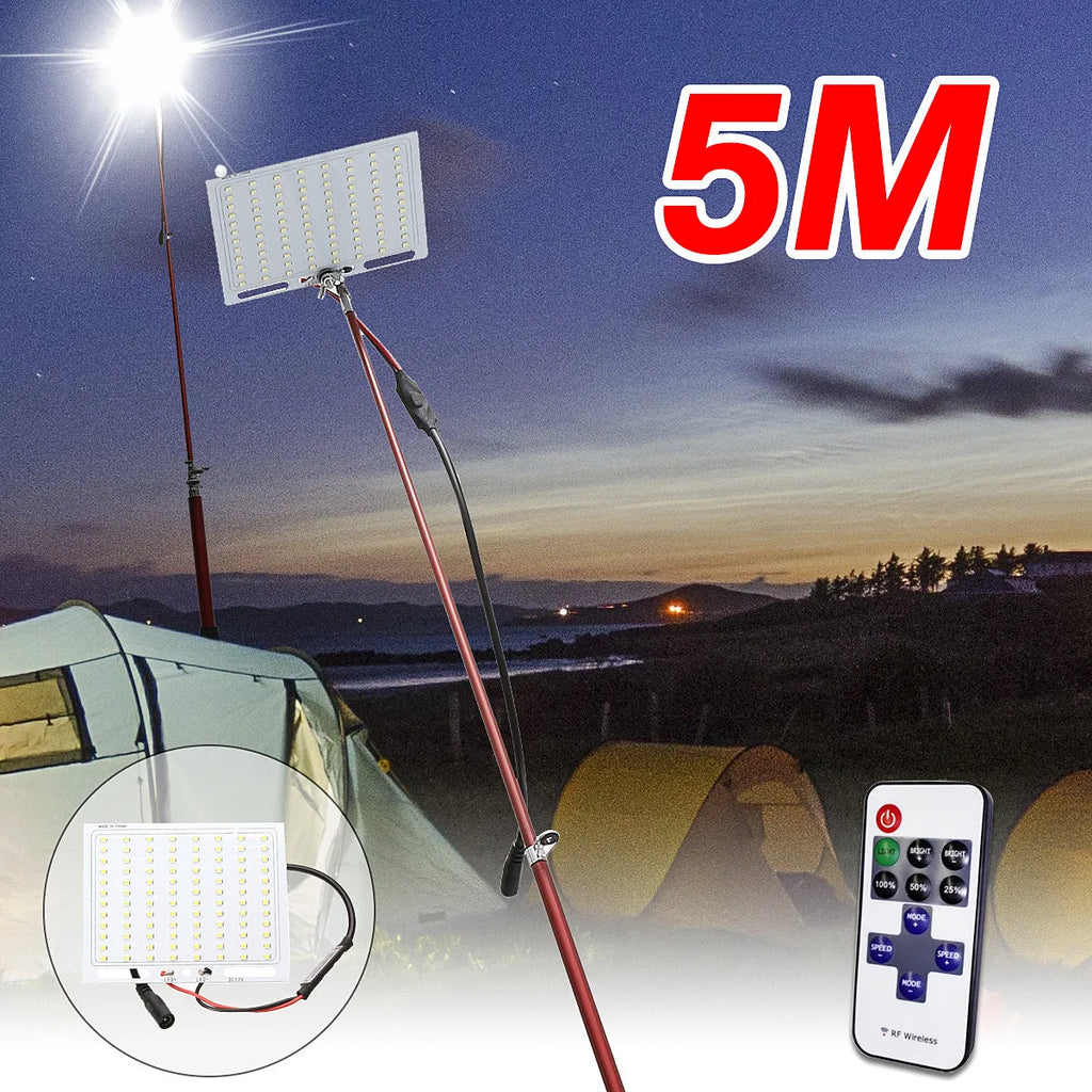 White LED fishing rod light mounted on a telescopic pole with remote control for outdoor use.