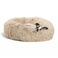 Round dog bed with waterproof non-slip plastic base and Oxford cloth dot top, available in grey beige and pink