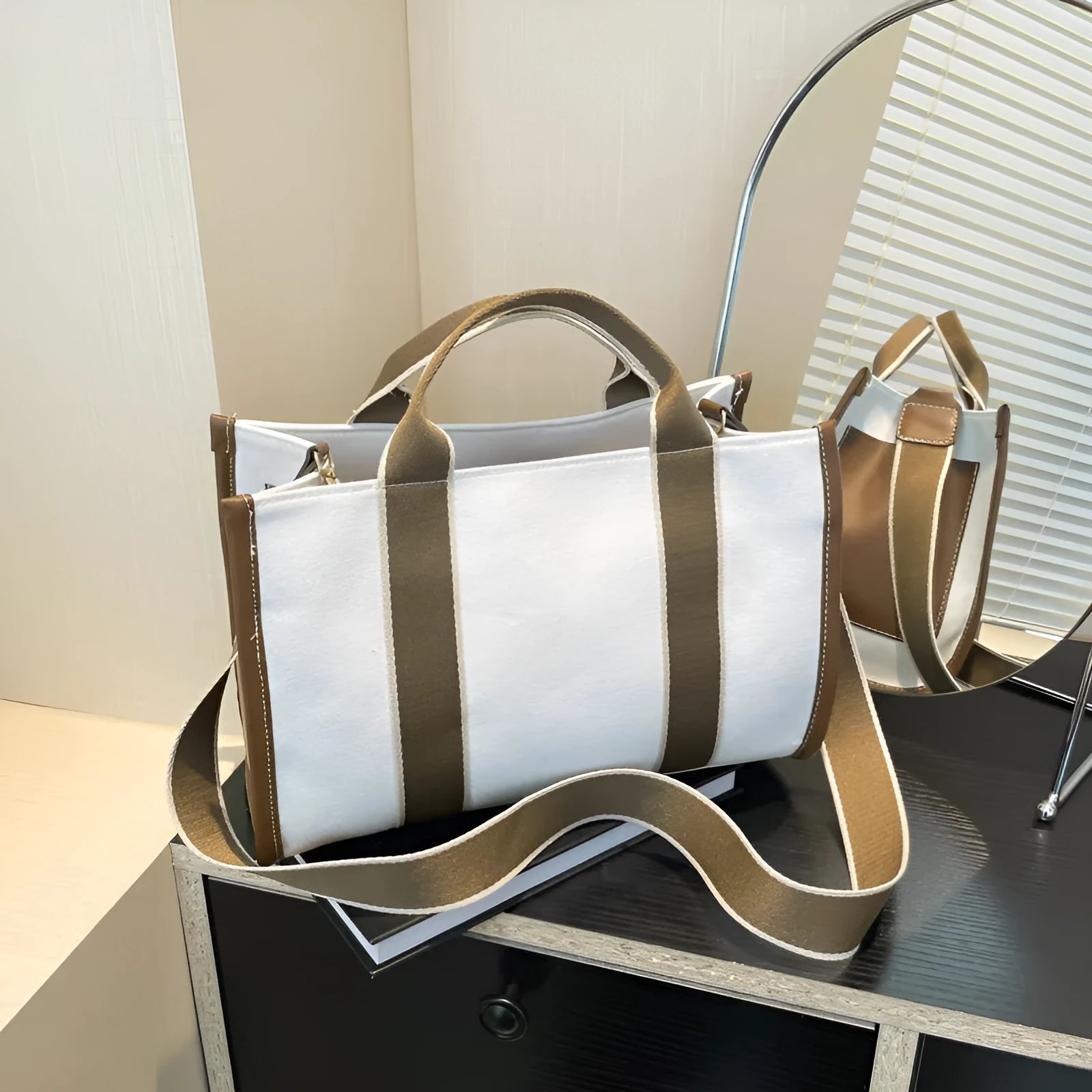 Women's canvas tote bag in horizontal square shape with open pocket, available in black