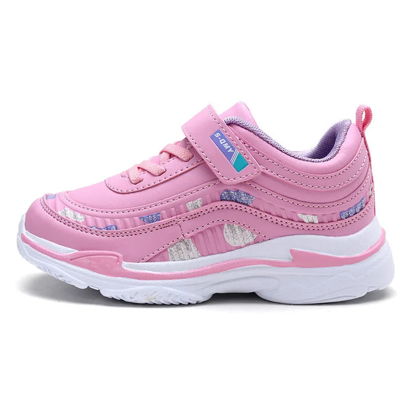 Kids soft sole sneakers in pink, purple, or black with faux leather upper, rubber sole, lace-up bandage design, mid heel 3-5cm, sizes 26-37
