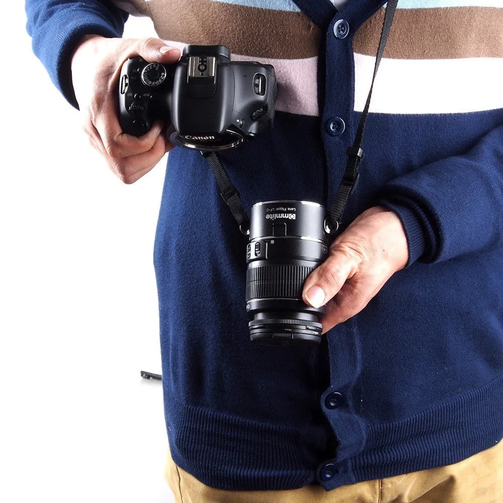 Aluminium camera lens flipper holder for Sony E-Mount with cotton shoulder strap