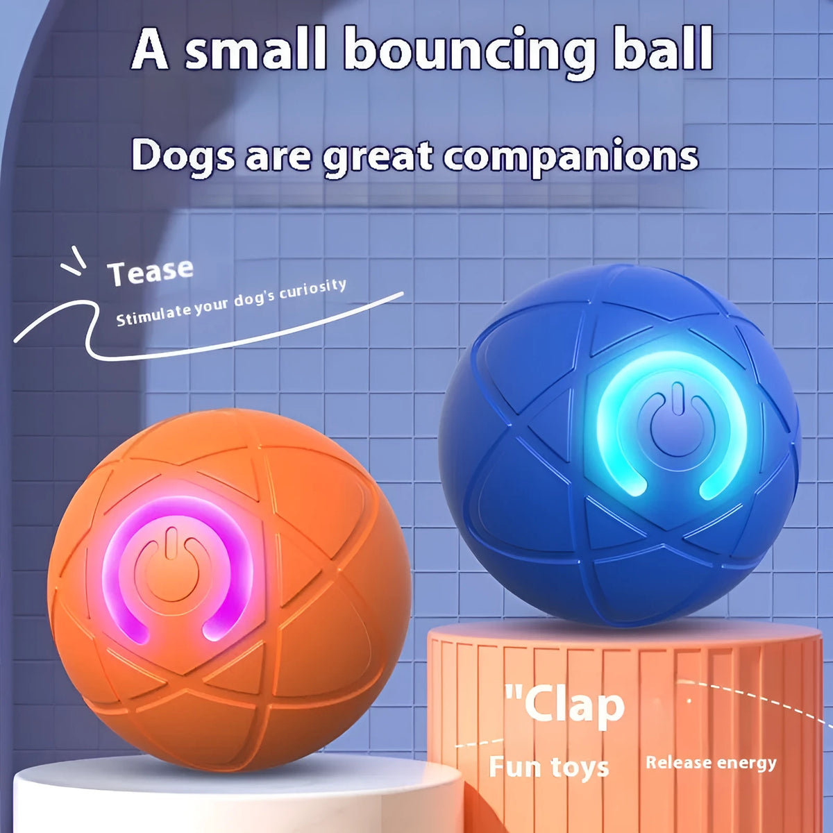 Rubber pet toy ball for dogs and cats in orange red or sapphire blue, single or dual mode
