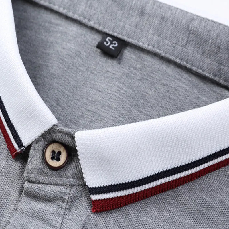 Men's lapel short sleeve T-shirt in 100% combed cotton with geometric collage splicing, Blue or Grey, sizes M to 5XL