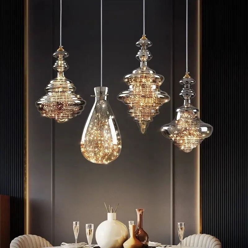 Modern adjustable glass ceiling chandelier with LED lighting and remote control