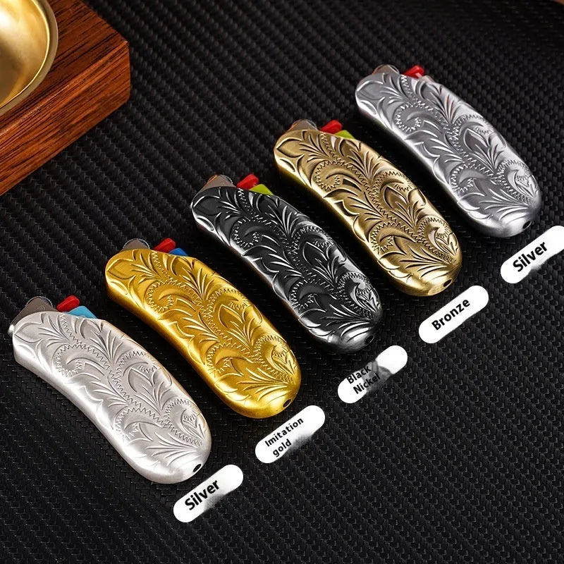Banana shape zinc alloy gas lighter protective shell, 90 x 30 x 15mm, with metal toe cap guard and silver plated finish
