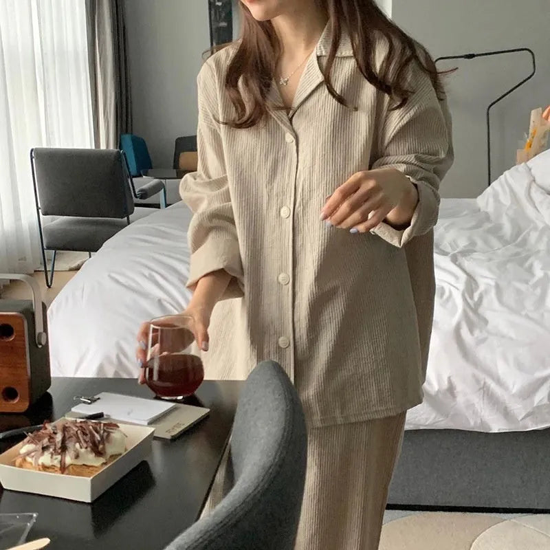 Women's striped long sleeve casual lounge suit set with top and trousers