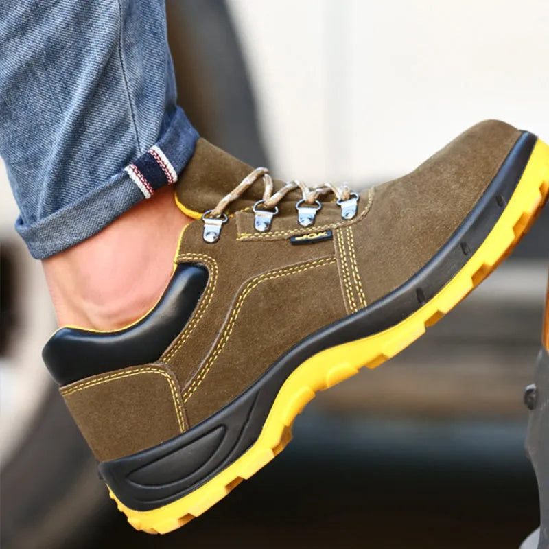 Bronze cow suede steel toe safety boots with anti-skid sole for workplace protection