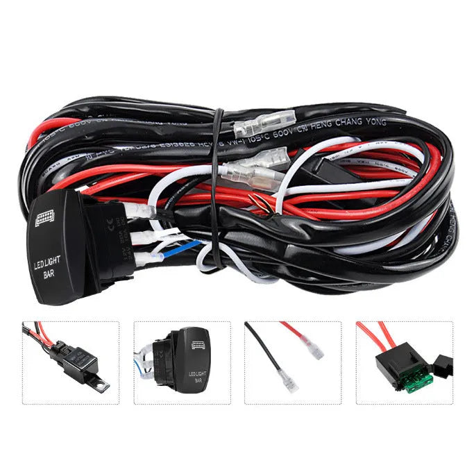Black off road LED spotlight cable set with 2 metre wire harness and integrated light bar switch