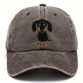 Retro washed blue cotton baseball cap with a white embroidered Dachshund dog on the front.