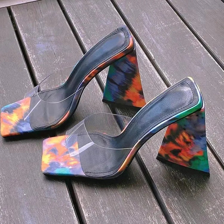 Women's black square toe high heel slippers with thick triangular heel on rubber sole