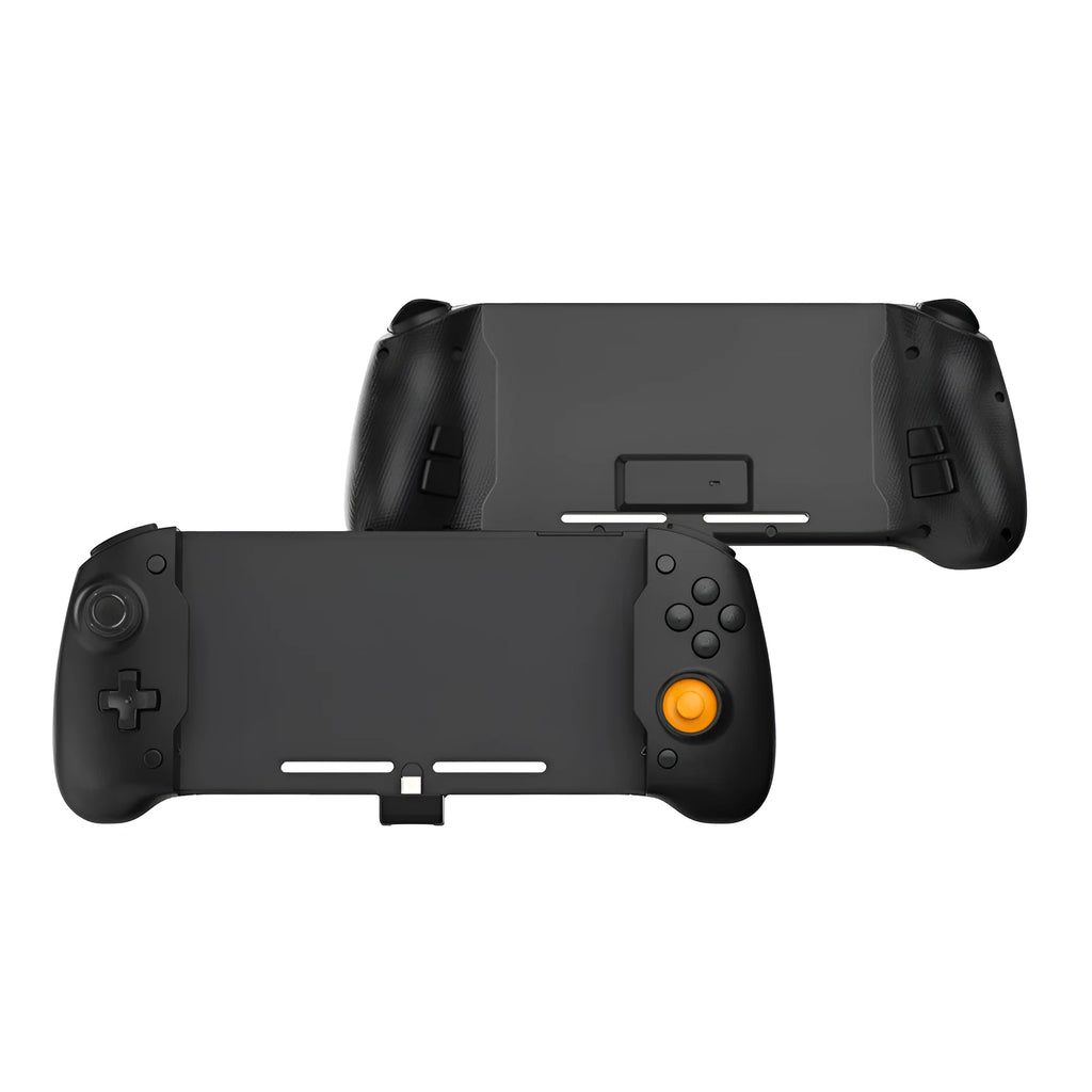 Black and white portable gamepad handle for Nintendo Switch console with integrated charging port.