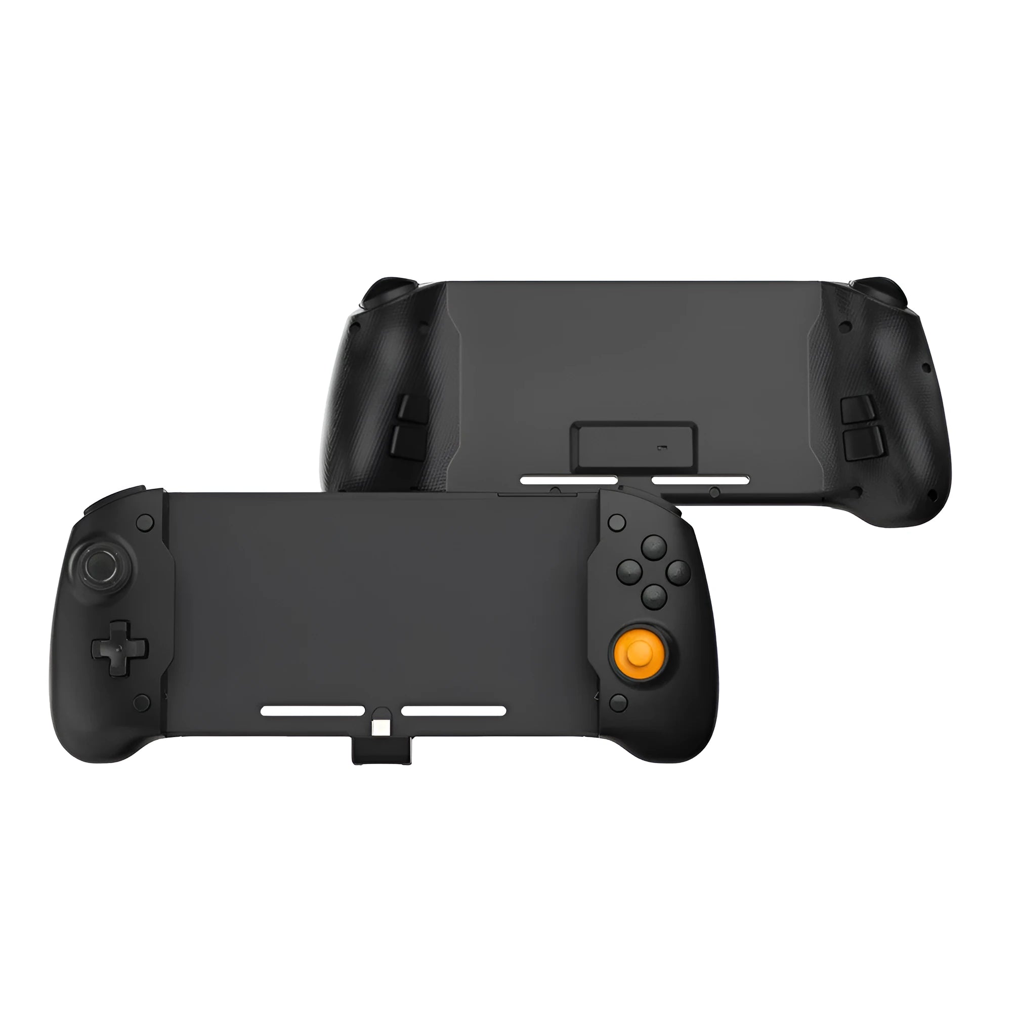 Black and white portable gamepad handle for Nintendo Switch console with integrated charging port.
