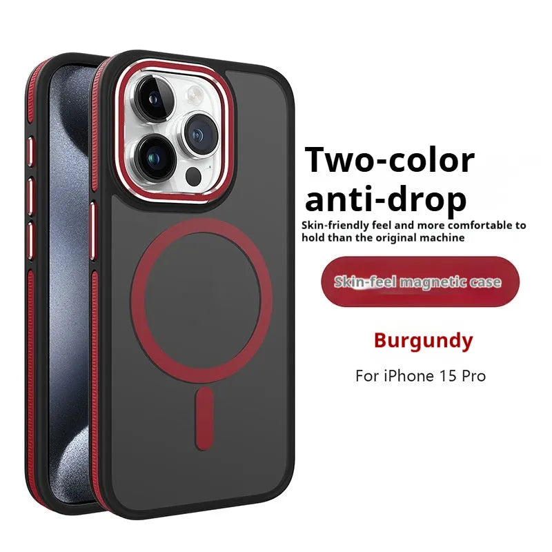 Magnetic frosted iPhone case with metal lens circle in black, blue, gray, and orange, shown on an iPhone.