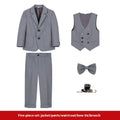 Boys' British style suit set with shirt, trousers, bow tie, vest and brooch in beige, blue or grey