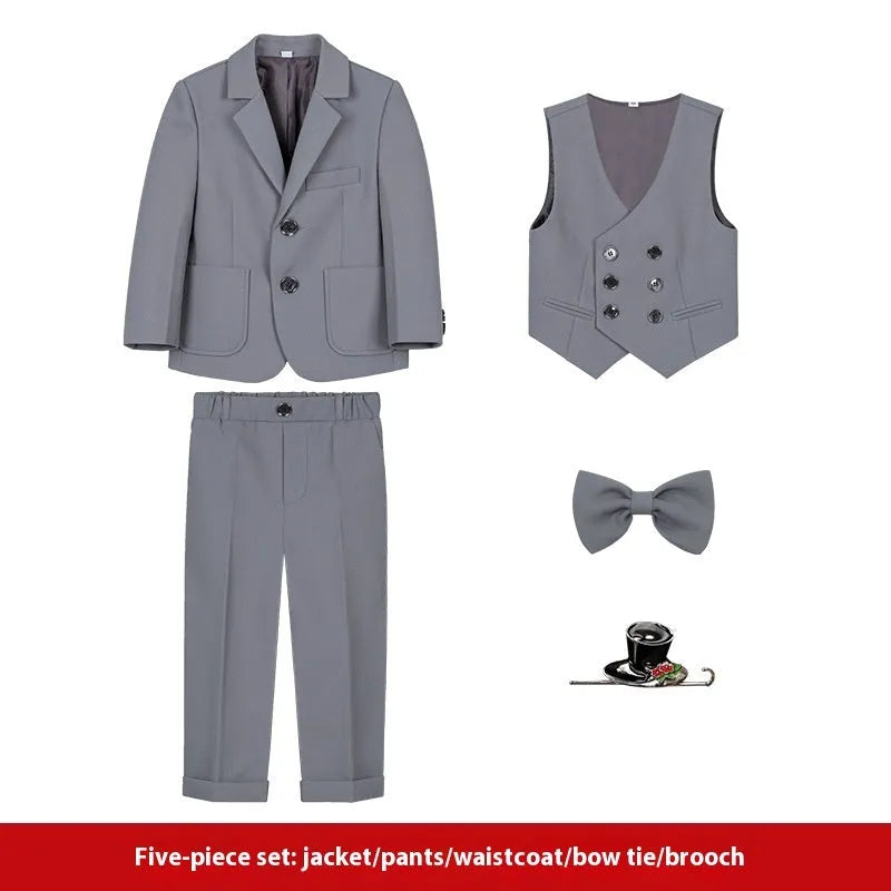 Boys' British style suit set with shirt, trousers, bow tie, vest and brooch in beige, blue or grey