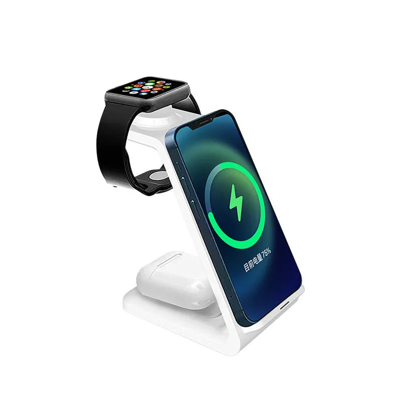 3-in-1 upright wireless charging phone stand in black or white with dual coil technology and QC3.0 fast charging
