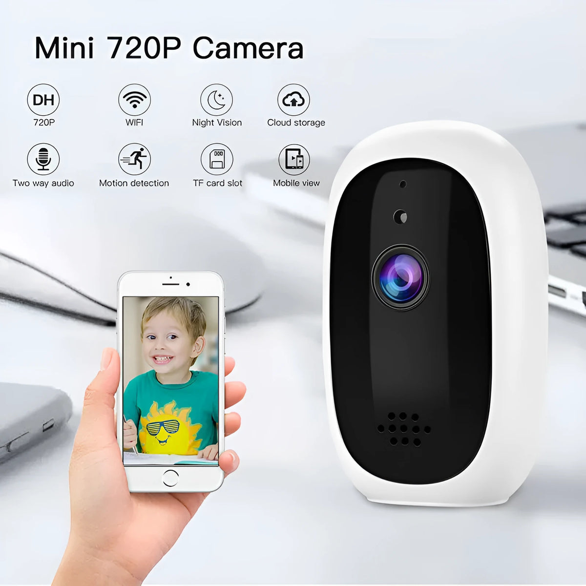 White wireless security network camera with GC1034/2033 sensor, TF card slot and cloud storage