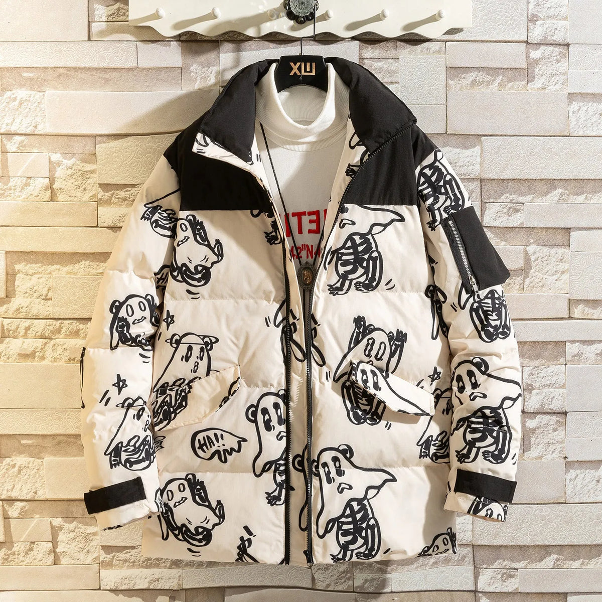 Korean style loose bread clothes winter men hooded jacket in beige or blue, thick polyester fill, sizes M to 4XL